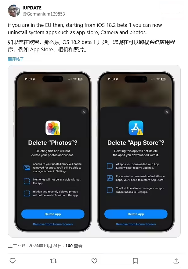 杭州苹果手机维修分享iOS 18.2 支持删除 App Store 应用商店 