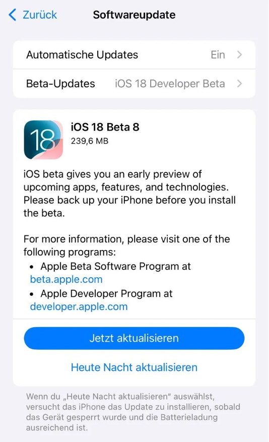 杭州苹果手机维修分享苹果 iOS / iPadOS 18 开发者预览版 Beta 8 发布 